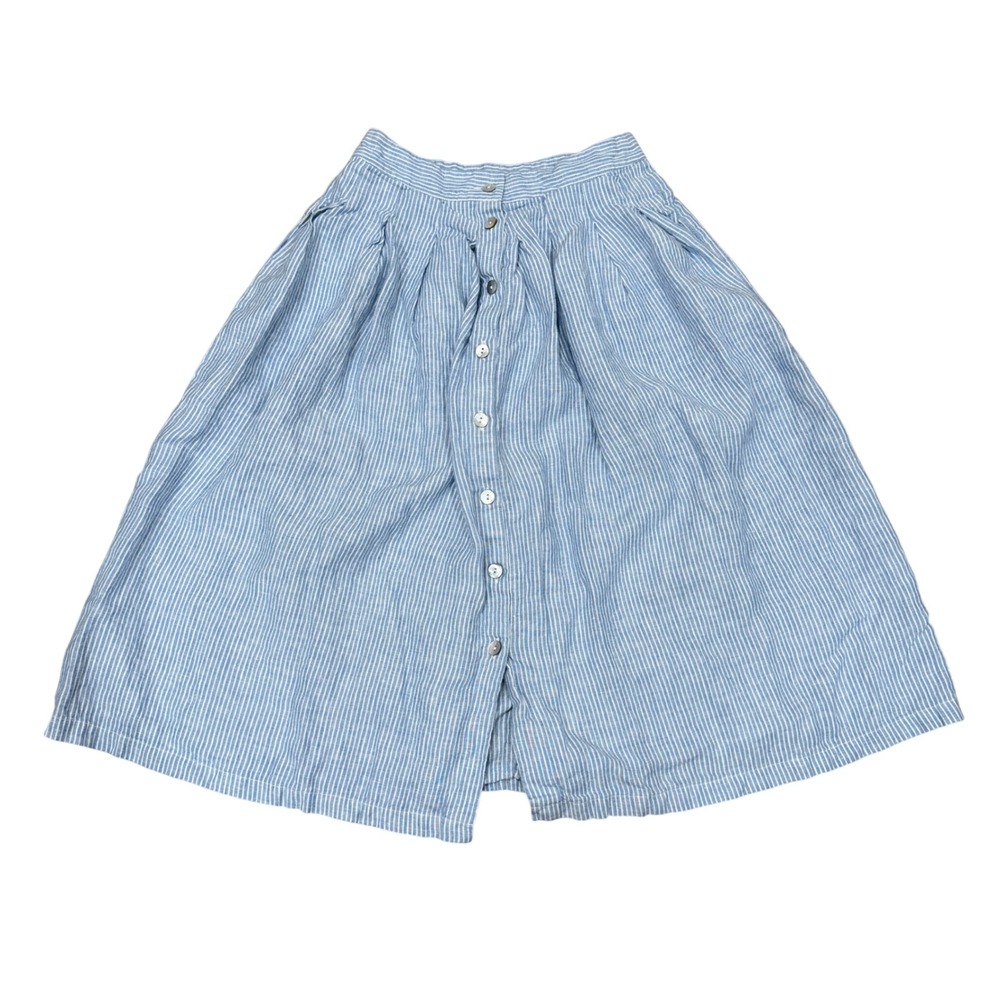 Amour Vert Blue White Striped Linen Button Front Midi Skirt XS Pockets Coastal